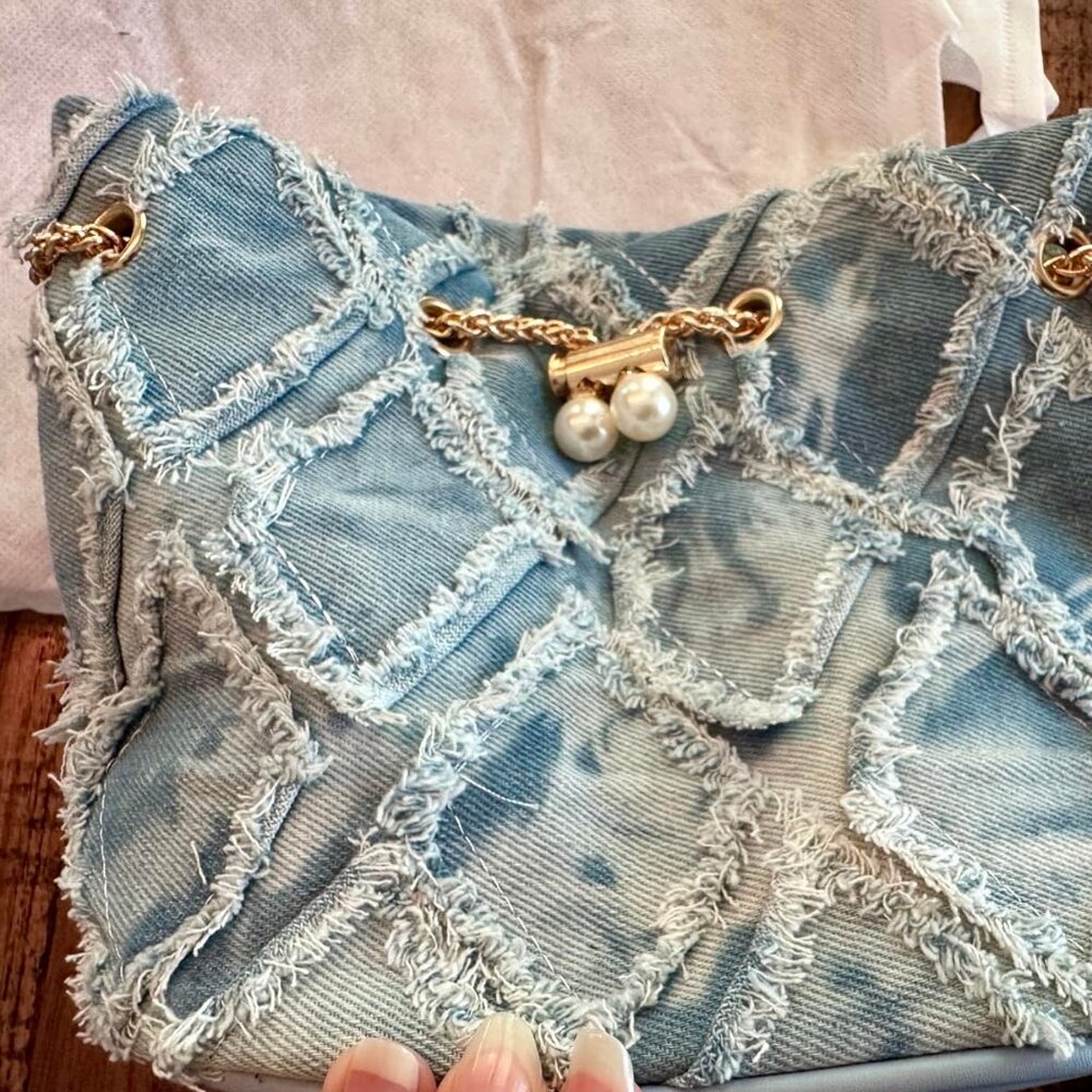 Women’s Quilted Denim Bucket Bag • Drawstring Crossbody